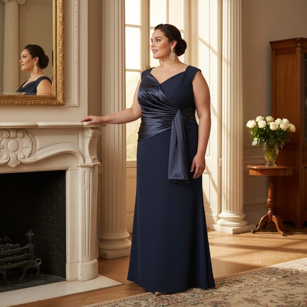 Eliza J Navy Satin Wrap‑Bodice Gown 20W NWT Matte & Satin Mix
